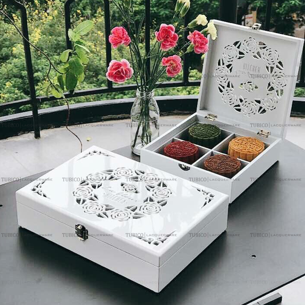 Hộp sơn mài cao cấp đựng bánh trung thu màu trắng khắc hoa văn